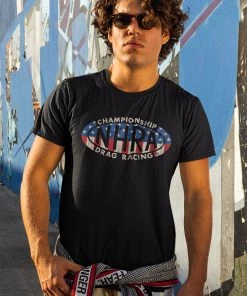 Get Down Art NHRA Oval Logo USA Flag Distressed T-Shirt 507 Black